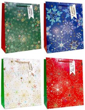 НГ Пакет подарочный бумажный (30х40х12) люкс Яркие снежинки 1/12