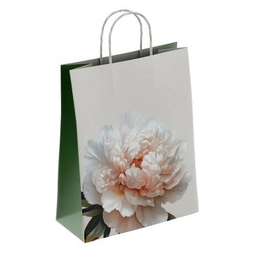 Пакет подарочный крафтовый (25х22х12) с крученой ручкой Пион белый 1/250
