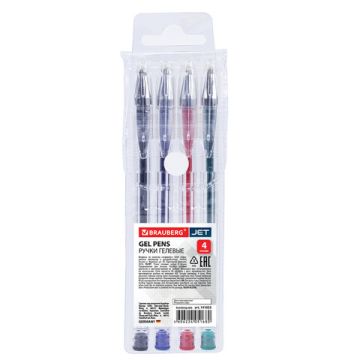 Набор гелевых ручек 4шт узел 0,5мм линия письма 0,35мм европодвес (син,чер,кр,зел) BRAUBERG Je 1/12