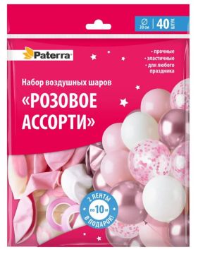 Воздушные шары Розовое ассорти 30см 40шт + ленты 10м Paterra 1/10