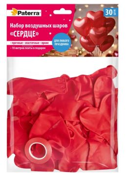 Воздушные шары Сердце красное 30см 30шт + ленты 10м Paterra 1/10