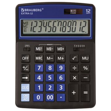 Калькулятор настольный BRAUBERG EXTRA-12-BKBU (206x155мм) 12разр дв питание ЧЕРНО-СИНИЙ 1/1 