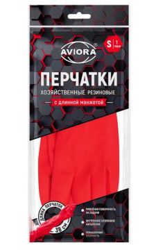 Резиновые перчатки с х/б напыл латекс хозяйств с удлин манжетой 38см Aviora разм S 91гр 1/12/60