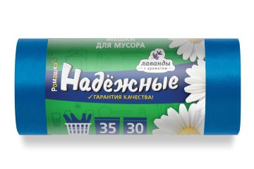 Мешок для мусора 35л рулон ПСД (50х60)-12 синие с ушками НАДЕЖНЫЕ 6,66г Ромашка (30шт) 1/20