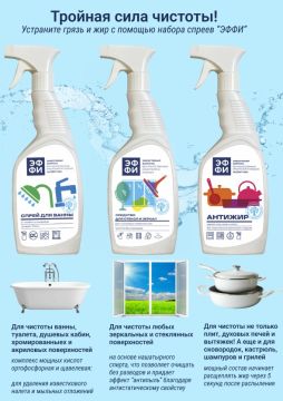 Набор из 3-х моющих средств  по 750мл ЭФФИ (спрей для ванны, для стекол и зеркал, антижир) 1/5