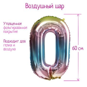 Шар фольгированный Цифра 0 60см градиент фиолетовый 1/25/450
