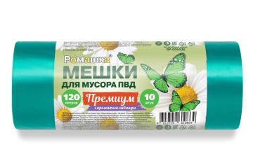 Мешок для мусора 120л рулон ПВД (70х110)-35 зеленый (лаванда) ПРЕМИУМ 50г Ромашка (10 шт) 1/12