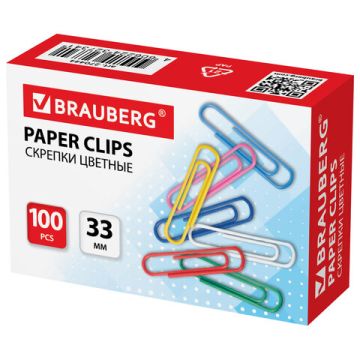Скрепки BRAUBERG 33мм цветные, 100шт