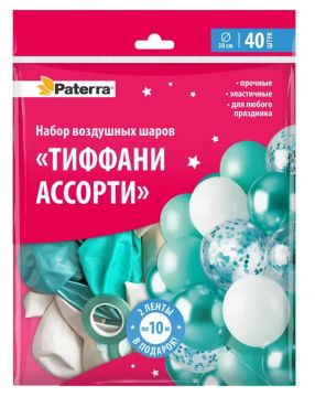Воздушные шары Тиффани ассорти 30см 40шт + ленты 10м Paterra 1/10