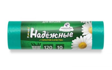Мешок для мусора 120л рулон ПСД (70х110)-17 зелен с ушками НАДЕЖНЫЕ Ромашка(10шт) 1/24 