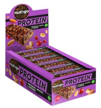 Продукты, Батончик Nut&Go Protein миндаль арахис клюква 36 г 1/18