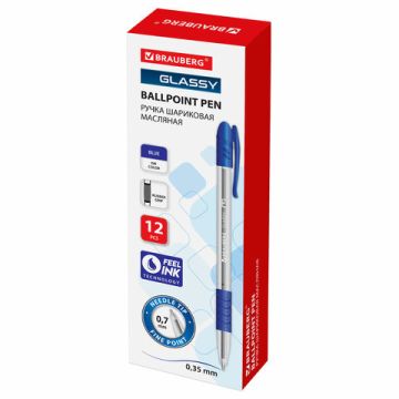Ручка шариковая масляная синяя 0,7мм линия 0,35мм корпус прозр, BRAUBERG Glass 1/12/1200