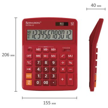 Калькулятор настольный BRAUBERG EXTRA-12-WR (206x155мм) 12разр дв питание КРАСНЫЙ 1/20/40 (Клиент)