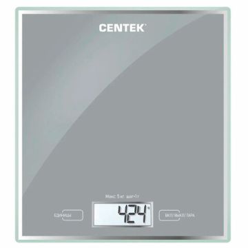 Весы кухонные CENTEK CT-2462 SILVER, электронный дисплей, max вес 5 кг, тарокомпенсация, стекло, CT-