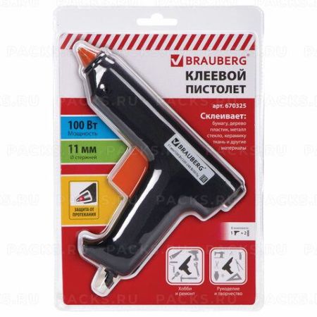 Клеевой пистолет 100 Вт для стержня 11мм в блистере BRAUBERG 1/12/24