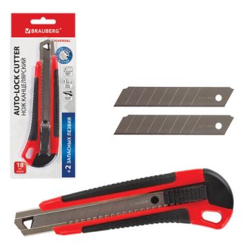Нож канцелярский 18мм автофиксатор с резиновой вставкой+3лезв черно-красный Brauberg 1/12/144