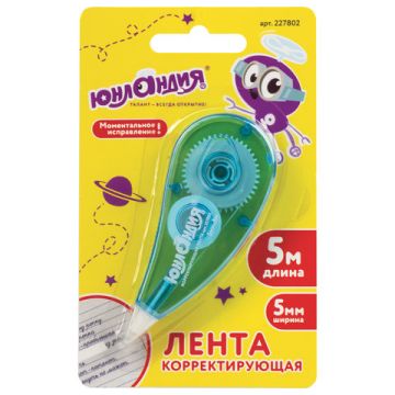 Корректирующая лента 5 мм х 5 м ЮНЛАНДИЯ КАПЛЯ, корпус ассорти, блистер, 227802