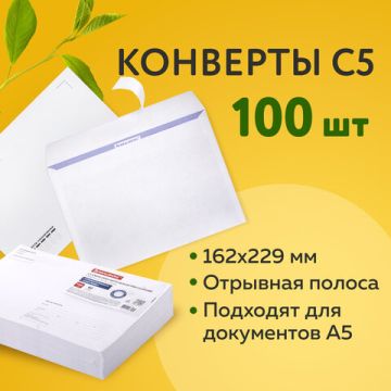 Конверты С5 162х229мм 80г/м2 отрывная лента Куда-Кому внут.запечатка BRAUBERG 100/1000 (Клиент)