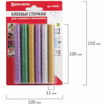 Клеевые стержни, диаметр 11мм, длина 100мм,цветные (ассорти),С БЛЕСТКАМИ,КОМПЛЕКТ 12шт,6цв, BRAUBERG