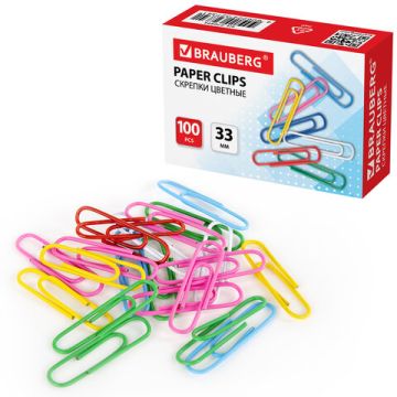 Скрепки BRAUBERG, 33 мм, цветные, 100 шт., в картонной коробке 1/10