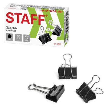 Зажимы для бумаг 25мм на 100л (12шт) черные в картонной коробке Staff 1/12