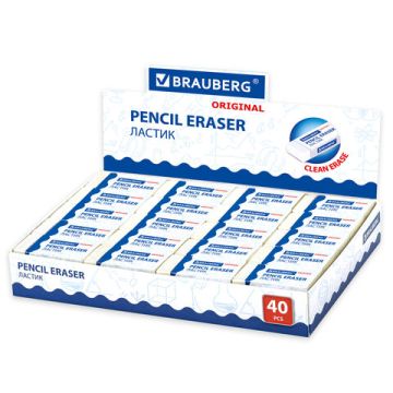 Ластик 38х20х10мм белый прямоугольный картон держатель Original BRAUBERG 1/40/1280