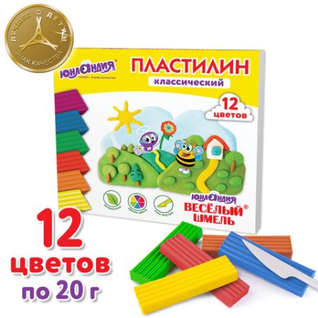 Пластилин 12цв 240г классический стек ЮНЛАНДИЯ ВЕСЁЛЫЙ ШМЕЛЬ 1/16
