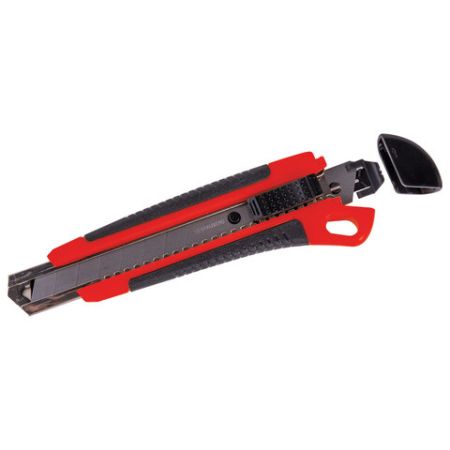 Нож канцелярский 18мм автофиксатор с резиновой вставкой+3лезв черно-красный Brauberg 1/12/144