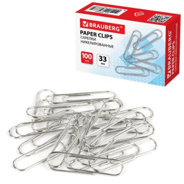 Скрепки 33мм 100шт никелированные в картонной коробке BRAUBERG 1/10/300