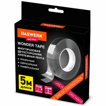 Клейкая лента 2-стор (30х5) крепежная, многораз. прозрачная NANO DASWERK 1/40 (клиент)